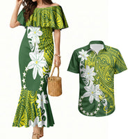 Cook Islands Maori Language Week Couples Matching Mermaid Dress and Hawaiian Shirt Tiare Maori Kuki Airani Green Pattern LT22 Green - Polynesian Pride