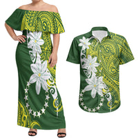 Cook Islands Maori Language Week Couples Matching Off Shoulder Maxi Dress and Hawaiian Shirt Tiare Maori Kuki Airani Green Pattern LT22 Green - Polynesian Pride