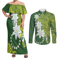 Cook Islands Maori Language Week Couples Matching Off Shoulder Maxi Dress and Long Sleeve Button Shirt Tiare Maori Kuki Airani Green Pattern LT22 Green - Polynesian Pride