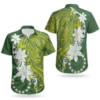 Cook Islands Maori Language Week Couples Matching Off The Shoulder Long Sleeve Dress and Hawaiian Shirt Tiare Maori Kuki Airani Green Pattern LT22 - Polynesian Pride