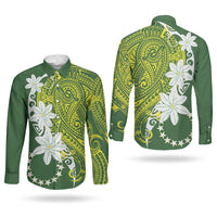Cook Islands Maori Language Week Couples Matching Off The Shoulder Long Sleeve Dress and Long Sleeve Button Shirt Tiare Maori Kuki Airani Green Pattern LT22 - Polynesian Pride