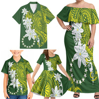 Cook Islands Maori Language Week Family Matching Off Shoulder Maxi Dress and Hawaiian Shirt Tiare Maori Kuki Airani Green Pattern LT22 - Polynesian Pride