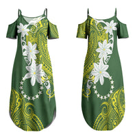 Cook Islands Maori Language Week Family Matching Summer Maxi Dress and Hawaiian Shirt Tiare Maori Kuki Airani Green Pattern LT22 Mom's Dress Green - Polynesian Pride