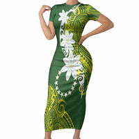 Cook Islands Maori Language Week Short Sleeve Bodycon Dress Tiare Maori Kuki Airani Green Pattern LT22 Long Dress Green - Polynesian Pride