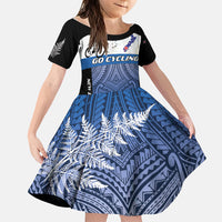 Personalised Cycling New Zealand Family Matching Mermaid Dress and Hawaiian Shirt Aotearoa Map Fern Maori Pattern LT22 Daughter's Dress Blue - Polynesian Pride