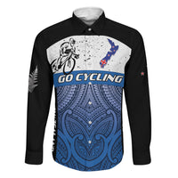Personalised Cycling New Zealand Family Matching Mermaid Dress and Hawaiian Shirt Aotearoa Map Fern Maori Pattern LT22 Dad's Shirt - Long Sleeve Blue - Polynesian Pride
