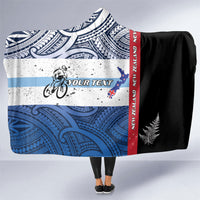 Personalised Cycling New Zealand Hooded Blanket Aotearoa Map Fern Maori Pattern