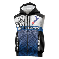 Personalised Cycling New Zealand Sleeveless Zip Hoodie Aotearoa Map Fern Maori Pattern LT22 Blue - Polynesian Pride