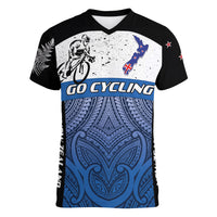 Personalised Cycling New Zealand Women V-Neck T-Shirt Aotearoa Map Fern Maori Pattern