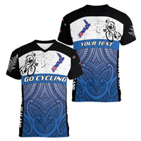 Personalised Cycling New Zealand Women V-Neck T-Shirt Aotearoa Map Fern Maori Pattern