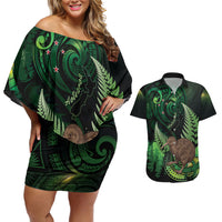 Kiwi New Zealand Personalised Couples Matching Off Shoulder Short Dress and Hawaiian Shirt Aotearoa Map Silver Fern Koru Pattern
