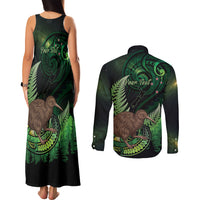 Kiwi New Zealand Personalised Couples Matching Tank Maxi Dress and Long Sleeve Button Shirt Aotearoa Map Silver Fern Koru Pattern