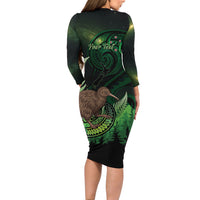 Kiwi New Zealand Personalised Family Matching Long Sleeve Bodycon Dress and Hawaiian Shirt Aotearoa Map Silver Fern Koru Pattern