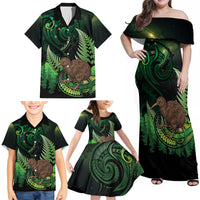 Kiwi New Zealand Personalised Family Matching Off Shoulder Maxi Dress and Hawaiian Shirt Aotearoa Map Silver Fern Koru Pattern