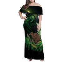Kiwi New Zealand Personalised Family Matching Off Shoulder Maxi Dress and Hawaiian Shirt Aotearoa Map Silver Fern Koru Pattern