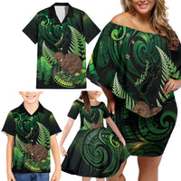 Kiwi New Zealand Personalised Family Matching Off Shoulder Short Dress and Hawaiian Shirt Aotearoa Map Silver Fern Koru Pattern