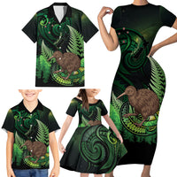 Kiwi New Zealand Personalised Family Matching Short Sleeve Bodycon Dress and Hawaiian Shirt Aotearoa Map Silver Fern Koru Pattern