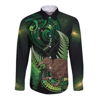 Kiwi New Zealand Personalised Long Sleeve Button Shirt Aotearoa Map Silver Fern Koru Pattern LT22 Unisex Green - Polynesian Pride