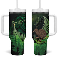 Kiwi New Zealand Personalised Tumbler With Handle Aotearoa Map Silver Fern Koru Pattern LT22 One Size: 40 oz Green - Polynesian Pride