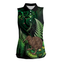 Kiwi New Zealand Personalised Women Sleeveless Polo Shirt Aotearoa Map Silver Fern Koru Pattern LT22 Female Green - Polynesian Pride