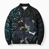 New Zealand Huia Bird Bomber Puffer Jacket Paua Shell Maori Pattern