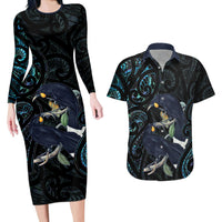 New Zealand Huia Bird Couples Matching Long Sleeve Bodycon Dress and Hawaiian Shirt Paua Shell Maori Pattern
