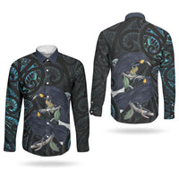 New Zealand Huia Bird Couples Matching Mermaid Dress and Long Sleeve Button Shirt Paua Shell Maori Pattern LT22 - Polynesian Pride