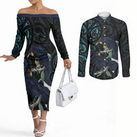 New Zealand Huia Bird Couples Matching Off The Shoulder Long Sleeve Dress and Long Sleeve Button Shirt Paua Shell Maori Pattern LT22 Black - Polynesian Pride