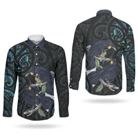 New Zealand Huia Bird Couples Matching Off The Shoulder Long Sleeve Dress and Long Sleeve Button Shirt Paua Shell Maori Pattern LT22 - Polynesian Pride