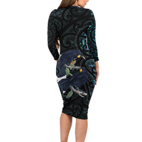 New Zealand Huia Bird Family Matching Long Sleeve Bodycon Dress and Hawaiian Shirt Paua Shell Maori Pattern