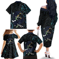 New Zealand Huia Bird Family Matching Off The Shoulder Long Sleeve Dress and Hawaiian Shirt Paua Shell Maori Pattern