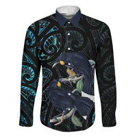 New Zealand Huia Bird Family Matching Off The Shoulder Long Sleeve Dress and Hawaiian Shirt Paua Shell Maori Pattern