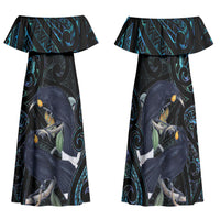 New Zealand Huia Bird Family Matching Off Shoulder Maxi Dress and Hawaiian Shirt Paua Shell Maori Pattern LT22 Mom's Dress Black - Polynesian Pride
