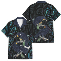 New Zealand Huia Bird Family Matching Off Shoulder Short Dress and Hawaiian Shirt Paua Shell Maori Pattern LT22 Dad's Shirt - Short Sleeve Black - Polynesian Pride