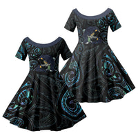 New Zealand Huia Bird Family Matching Off Shoulder Short Dress and Hawaiian Shirt Paua Shell Maori Pattern LT22 Daughter's Dress Black - Polynesian Pride