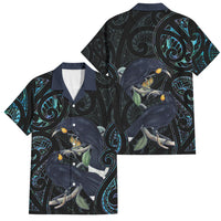 New Zealand Huia Bird Family Matching Summer Maxi Dress and Hawaiian Shirt Paua Shell Maori Pattern LT22 Dad's Shirt - Short Sleeve Black - Polynesian Pride