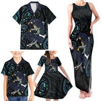 New Zealand Huia Bird Family Matching Tank Maxi Dress and Hawaiian Shirt Paua Shell Maori Pattern