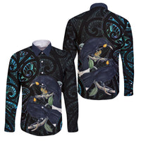 New Zealand Huia Bird Family Matching Tank Maxi Dress and Hawaiian Shirt Paua Shell Maori Pattern LT22 Dad's Shirt - Long Sleeve Black - Polynesian Pride