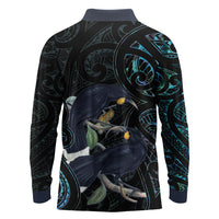 New Zealand Huia Bird Long Sleeve Polo Shirt Paua Shell Maori Pattern