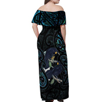 New Zealand Huia Bird Off Shoulder Maxi Dress Paua Shell Maori Pattern