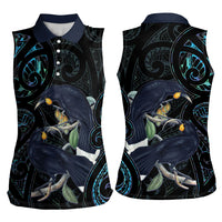 New Zealand Huia Bird Women Sleeveless Polo Shirt Paua Shell Maori Pattern