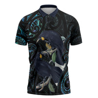 New Zealand Huia Bird Zipper Polo Shirt Paua Shell Maori Pattern LT22 Black - Polynesian Pride