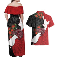 Kiwi New Zealand Personalised Couples Matching Off Shoulder Maxi Dress and Hawaiian Shirt NZ Map Pohutukawa Fern Maori Pattern