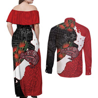Kiwi New Zealand Personalised Couples Matching Off Shoulder Maxi Dress and Long Sleeve Button Shirt NZ Map Pohutukawa Fern Maori Pattern