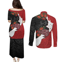 Kiwi New Zealand Personalised Couples Matching Puletasi and Long Sleeve Button Shirt NZ Map Pohutukawa Fern Maori Pattern LT22 - Polynesian Pride
