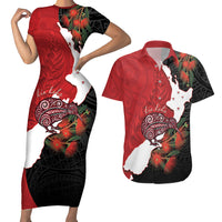 Kiwi New Zealand Personalised Couples Matching Short Sleeve Bodycon Dress and Hawaiian Shirt NZ Map Pohutukawa Fern Maori Pattern