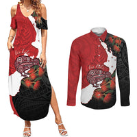 Kiwi New Zealand Personalised Couples Matching Summer Maxi Dress and Long Sleeve Button Shirt NZ Map Pohutukawa Fern Maori Pattern LT22 Red - Polynesian Pride
