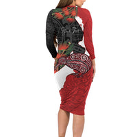 Kiwi New Zealand Personalised Family Matching Long Sleeve Bodycon Dress and Hawaiian Shirt NZ Map Pohutukawa Fern Maori Pattern
