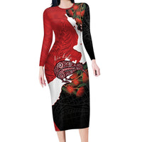 Kiwi New Zealand Personalised Long Sleeve Bodycon Dress NZ Map Pohutukawa Fern Maori Pattern