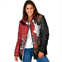 Kiwi New Zealand Personalised Padded Jacket NZ Map Pohutukawa Fern Maori Pattern LT22 Women Red - Polynesian Pride